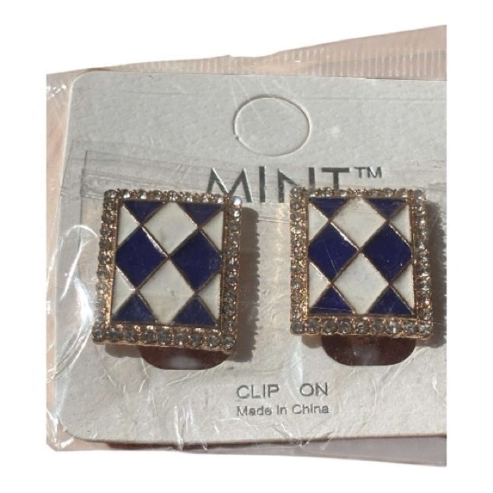MINT Navy and White Harlequin Clip-On Earrings with Gold Crystal Frame